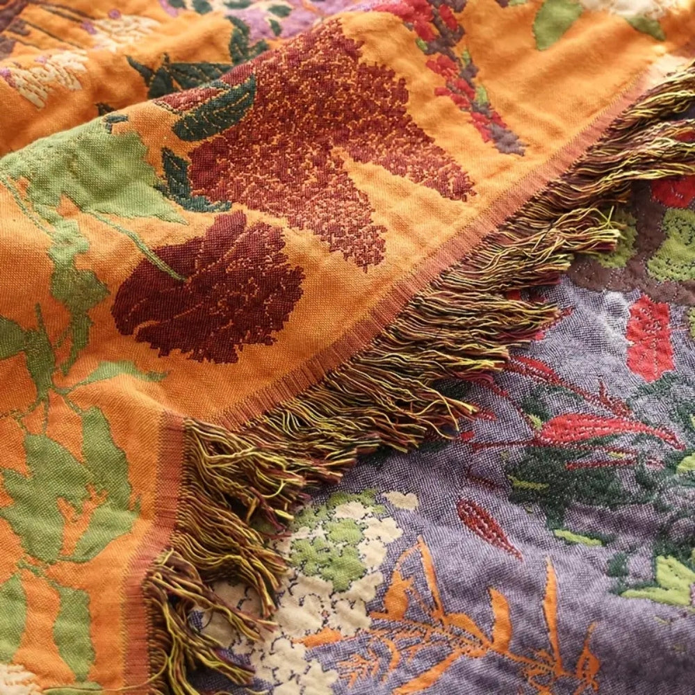Botanical Floral Cotton Tassel Blanket