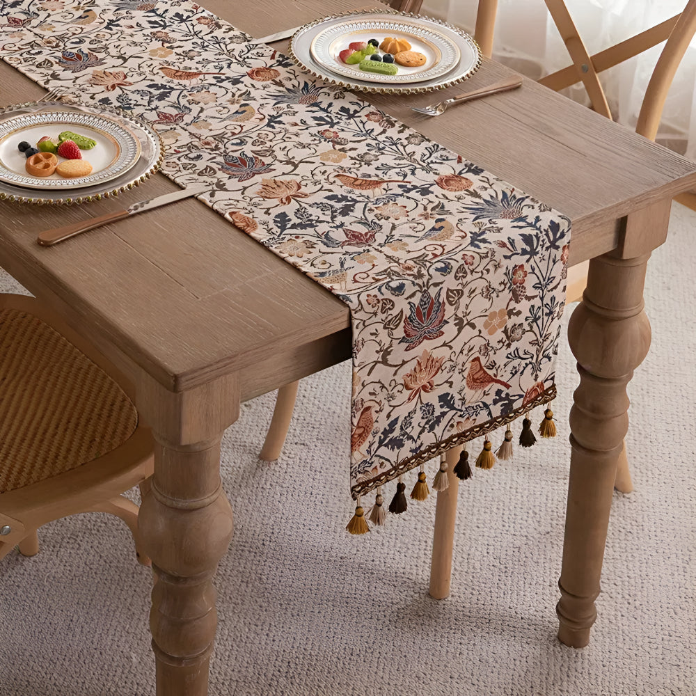Vintage Blumen- & Vogel-Jacquard Tischläufer