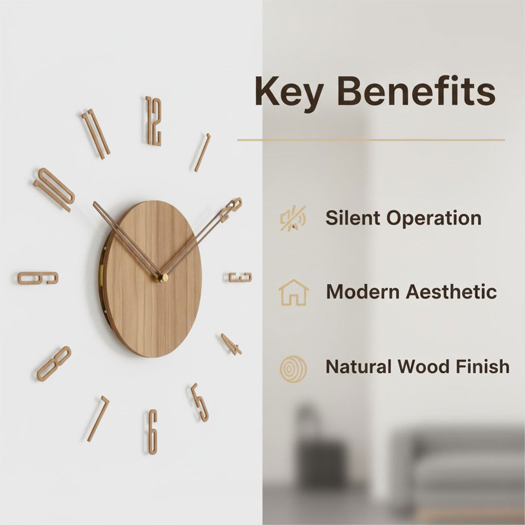 Holz-Wanduhr - Minimalistisches Design - Lautloses Uhrwerk