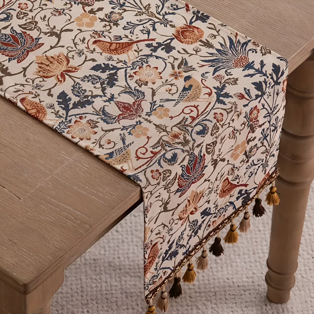 Vintage Blumen- & Vogel-Jacquard Tischläufer