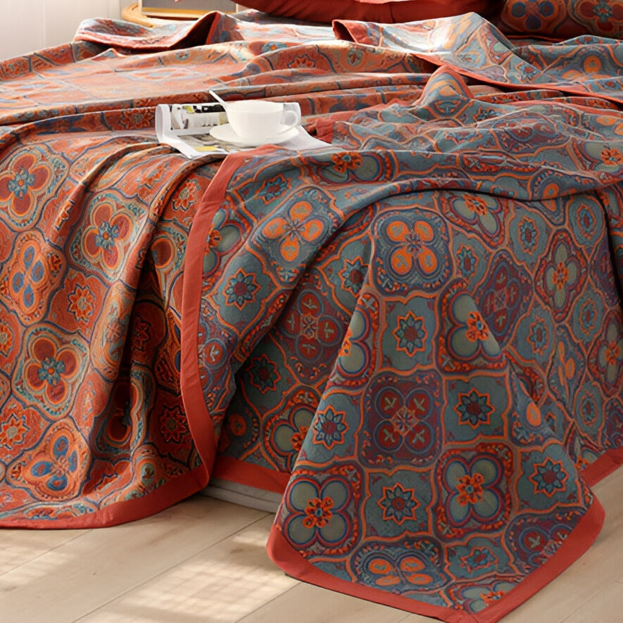 Floral embroidery cotton reversible bedspread