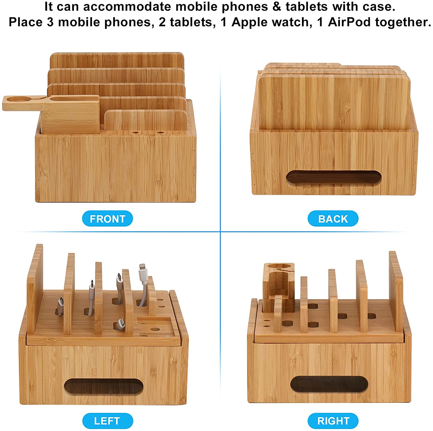 Tekavo ChargeDock Lade Station aus Bambus | 5-Port USB & Organizer | Für Smartphone, Tablet & Smartwatch | Inklusive Kabelset