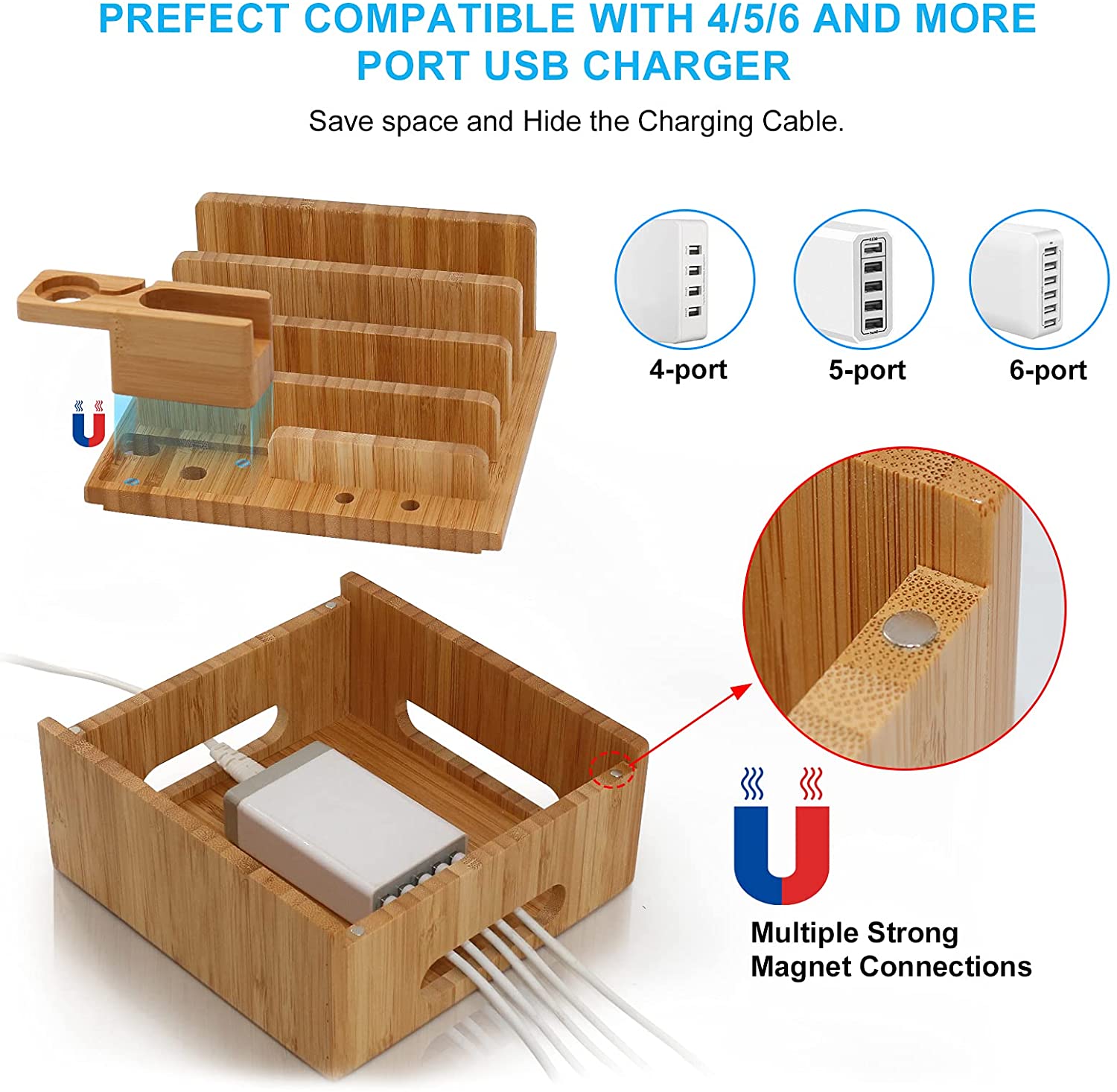 Tekavo ChargeDock Lade Station aus Bambus | 5-Port USB & Organizer | Für Smartphone, Tablet & Smartwatch | Inklusive Kabelset