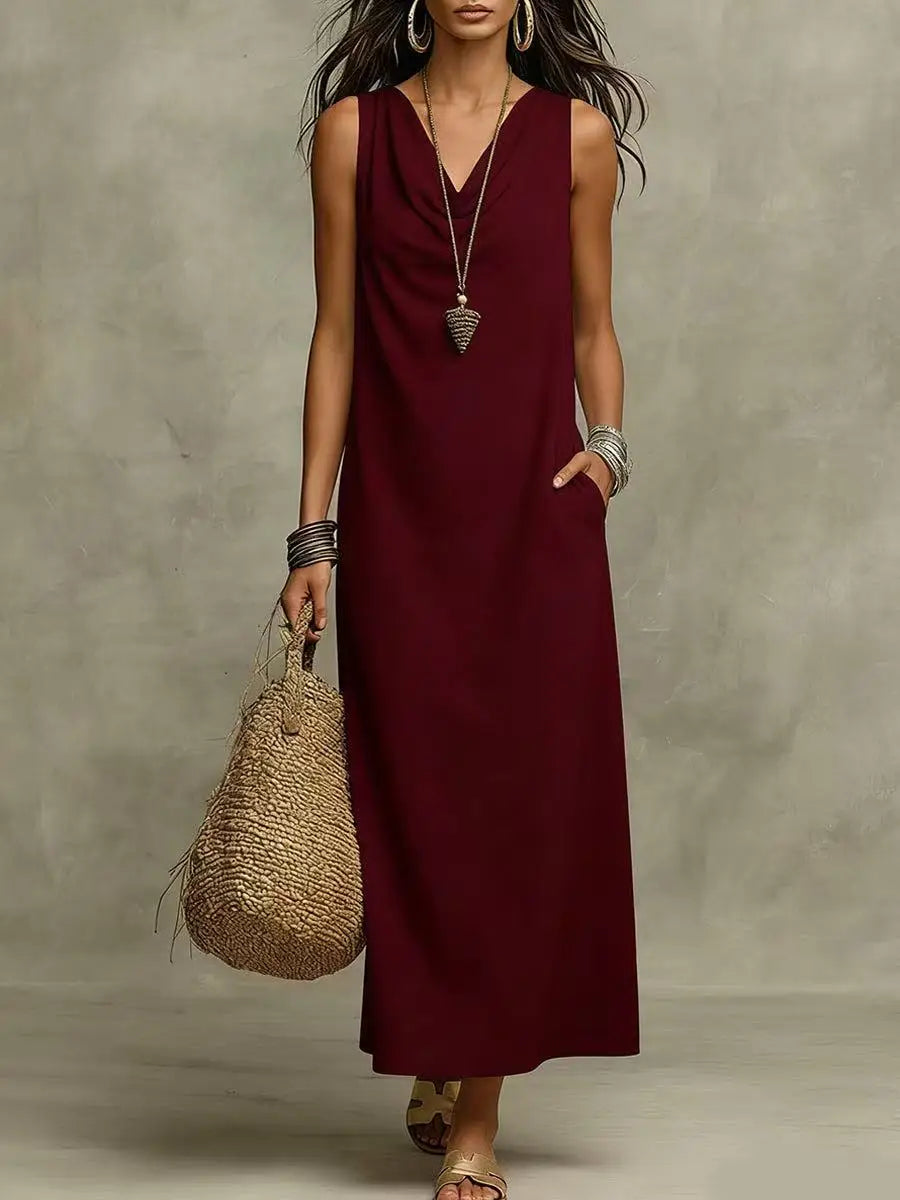 Dawson | Damen Leinen Ärmelloses V-Ausschnitt Maxikleid