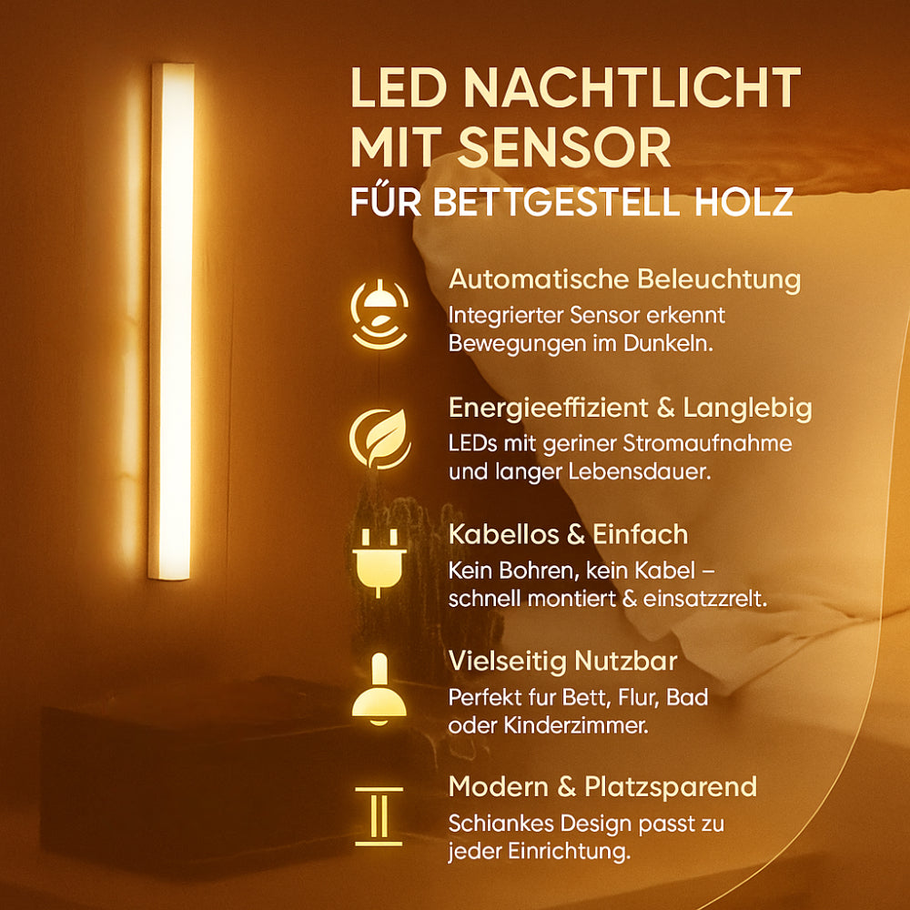 LED Nachtlicht mit Sensor für Bettgestell Holz