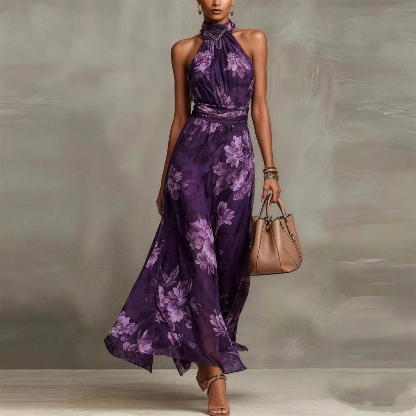 Natalie | Damen Floral Halter Neck Maxikleid Hochzeitsgast