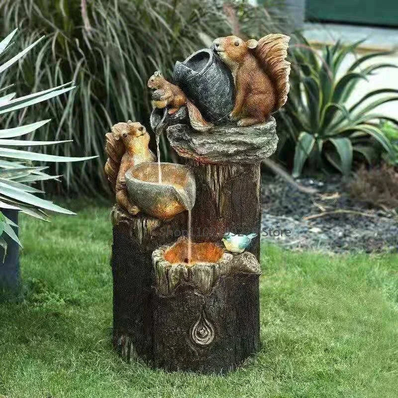 Lunaverde Solar Dekorative Brunnen Ente & Eichhörnchen | Gartenfigur mit LED Licht | Wetterfestes Harz | Für Terrasse & Balkon