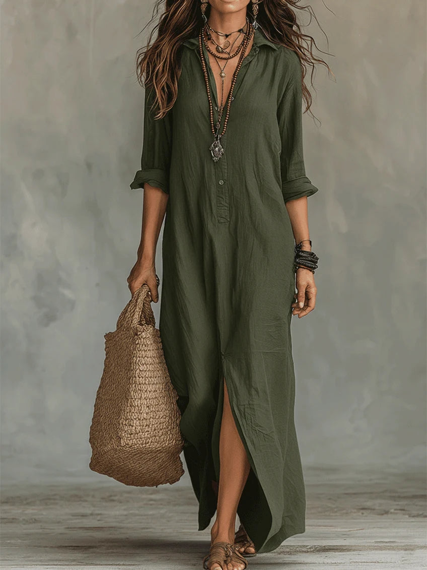 Soline | Damen Leinen Maxi Hemdkleid mit Knopfleiste