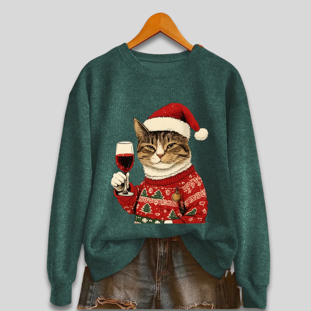 Frauen hässlicher Weihnachtspullover, lustiger Katzen-Santa-Pullover
