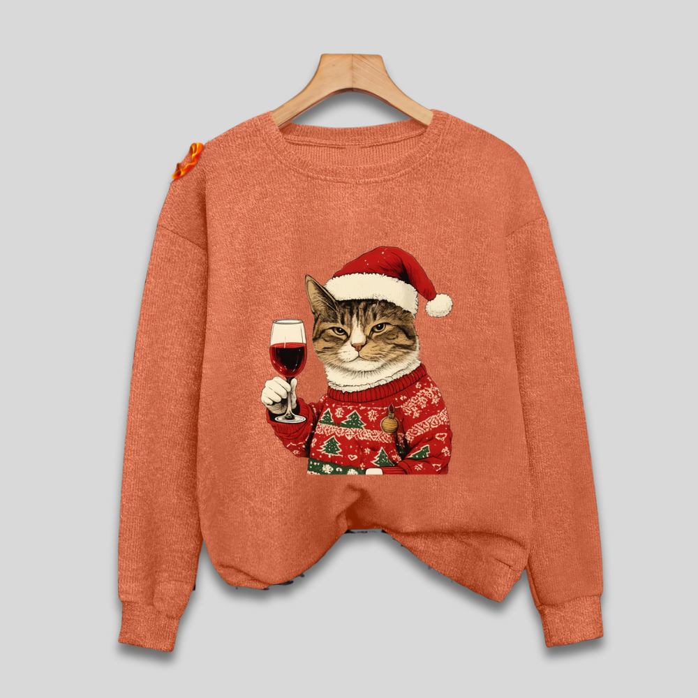 Frauen hässlicher Weihnachtspullover, lustiger Katzen-Santa-Pullover