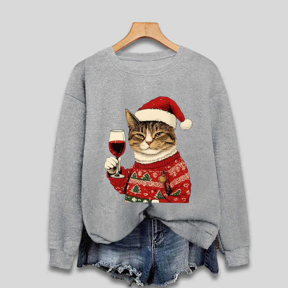 Frauen hässlicher Weihnachtspullover, lustiger Katzen-Santa-Pullover