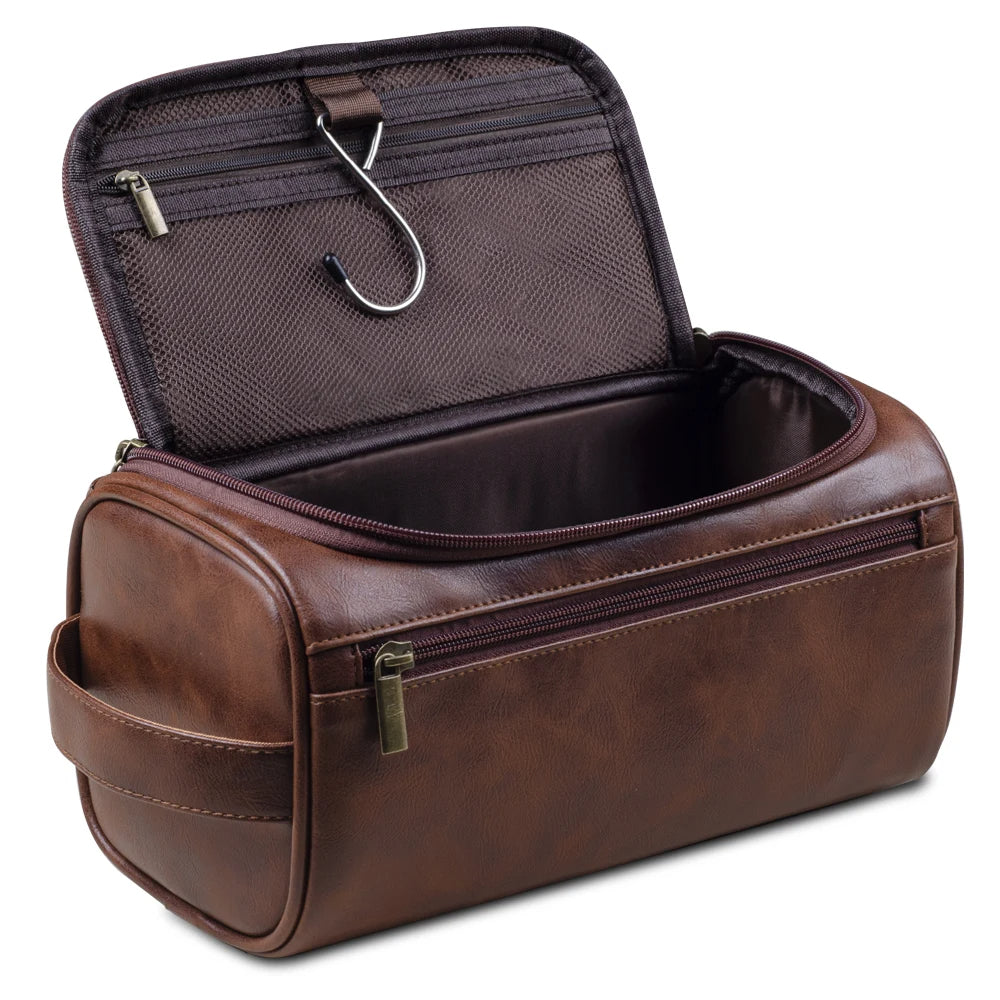 Qualitativ Leder-Kulturbeutel | Dreilagiges Wasserabweisendes Design | Integrierter Metallhaken zum Aufhängen | 25x13x13 cm | Kompakter Travel-Organizer mit Schnellzugriffsfach