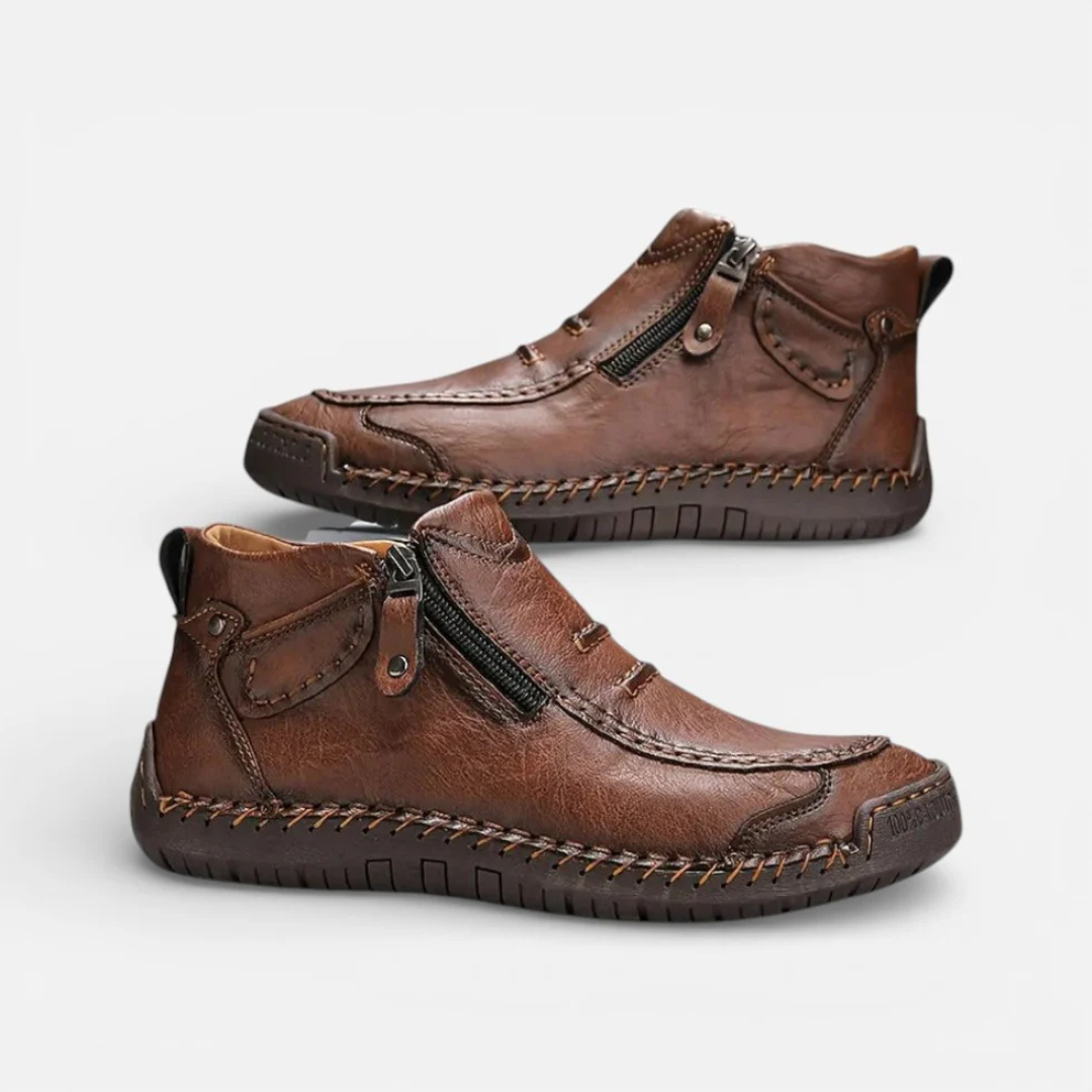 Herren Leder Stiefeletten - Genähte Freizeit Stiefel mit Reißverschluss