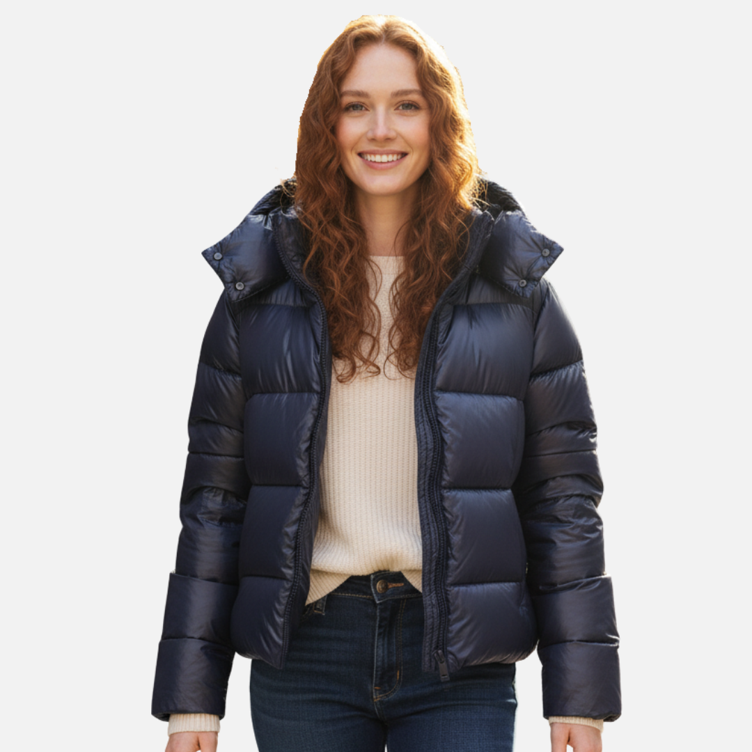 Glänzende Pufferjacke mit Kapuze für Frauen