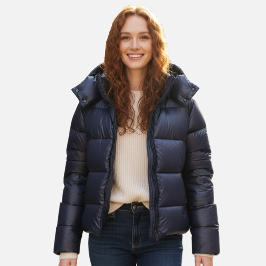 Glänzende Pufferjacke mit Kapuze für Frauen