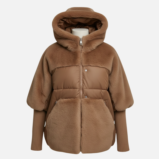 Damen Pufferjacke – Plüschige Kapuzen-Winterjacke