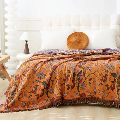 Botanical Floral Cotton Tassel Blanket