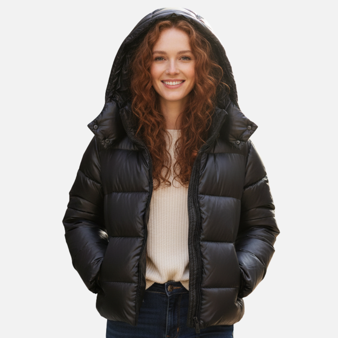Glänzende Pufferjacke mit Kapuze für Frauen