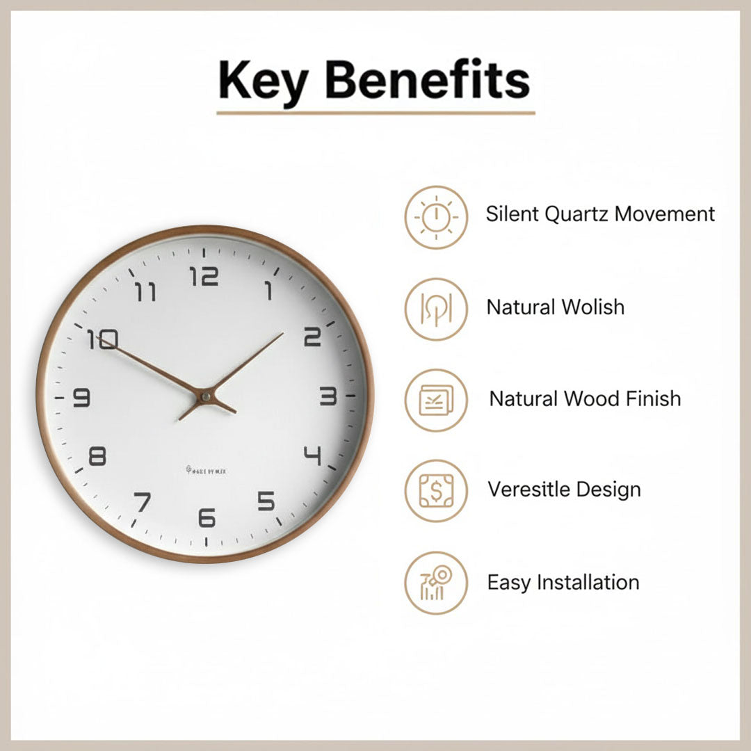 Holz Wanduhr - Minimalistisches Design - Lautloser Mechanismus