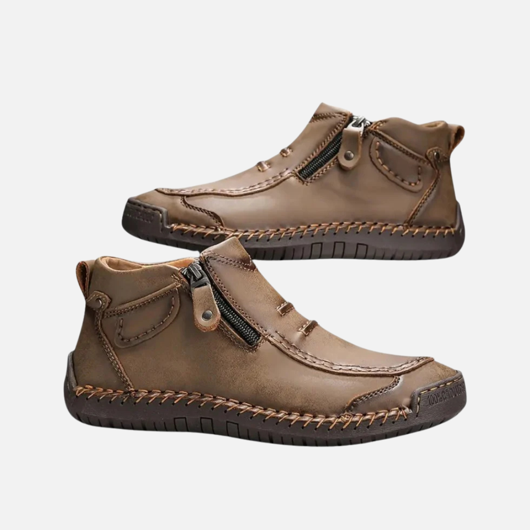 Herren Leder Stiefeletten - Genähte Freizeit Stiefel mit Reißverschluss