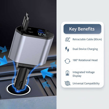 Car charging adapter - Retractable cable - Dual-port