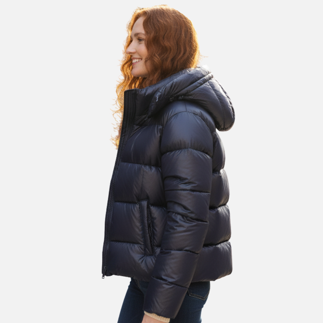 Glänzende Pufferjacke mit Kapuze für Frauen