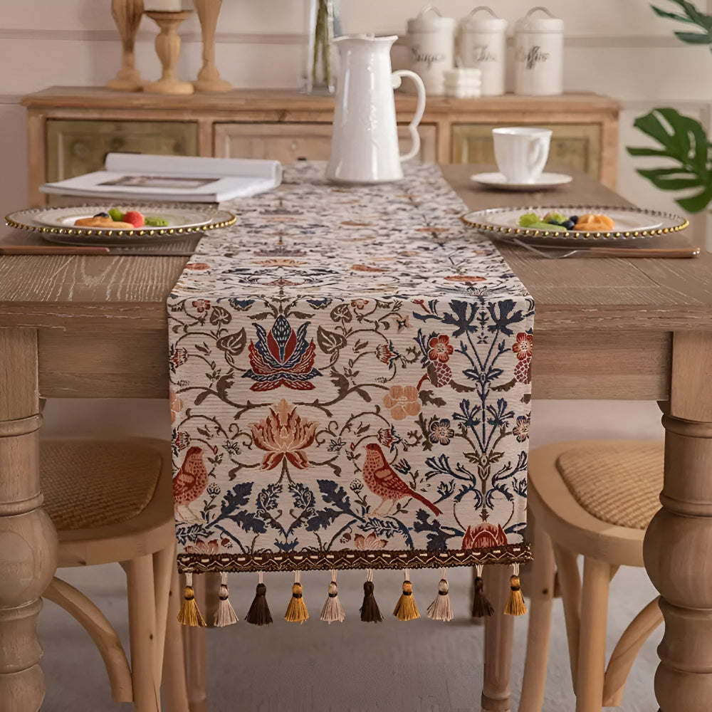 Vintage Blumen- & Vogel-Jacquard Tischläufer