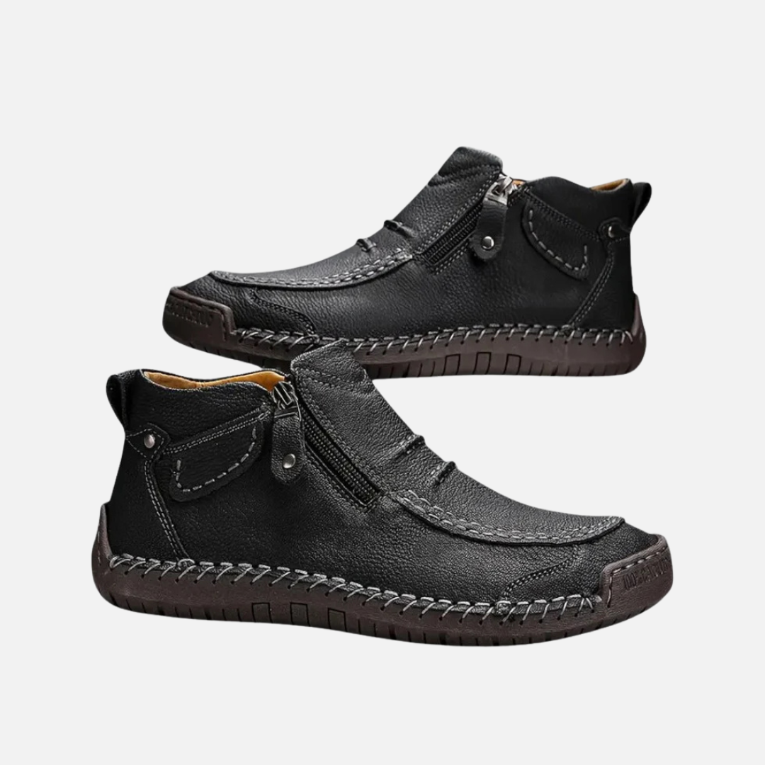 Herren Leder Stiefeletten - Genähte Freizeit Stiefel mit Reißverschluss