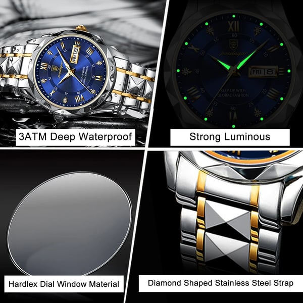 Modell 615 | Luxus-Herrenuhr | Japanisches MIYOTA-Quarzwerk | 316L Edelstahlgehäuse | Hardlex-Kristallglas | 3 ATM Wasserdicht | Lumineszierende Indizes & Datum
