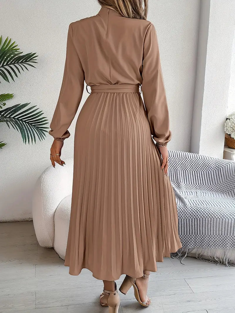 Damen Schickes Plissiertes Midi-Kleid mit Taillengürtel