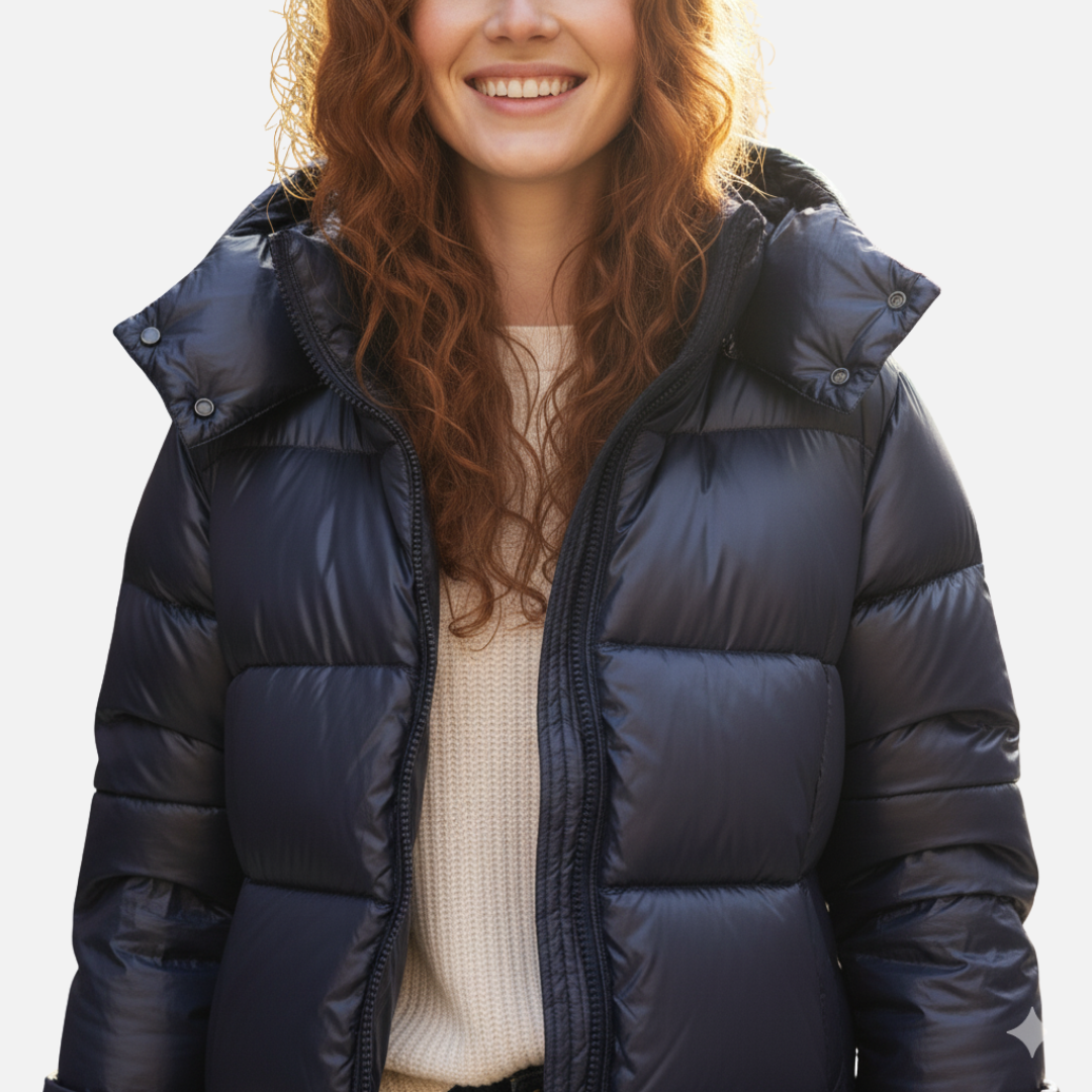 Glänzende Pufferjacke mit Kapuze für Frauen