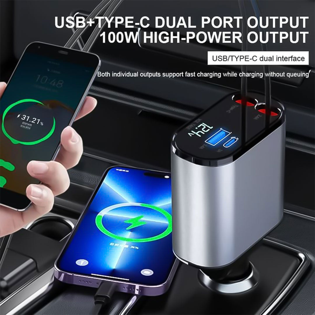 Car charging adapter - Retractable cable - Dual-port