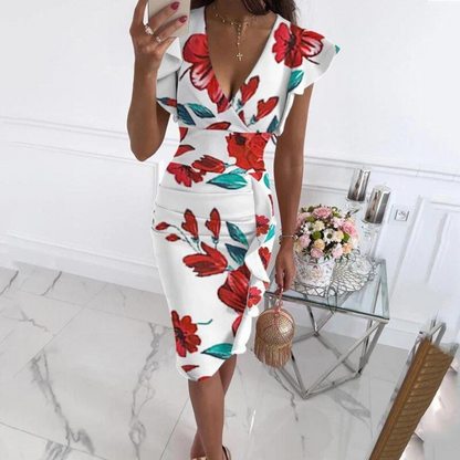 Damen Blumen V-Ausschnitt Midi Kleid mit Rüschensleeves und Drapierung