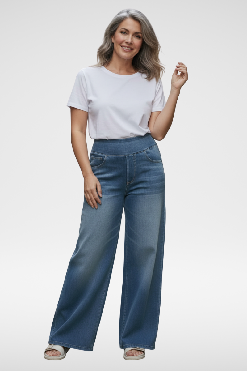 ElsaShape Hoge Taille Jeans met Zakken – Rechte Pijpen, Wijde Pasvorm, Gewassen Casual Look