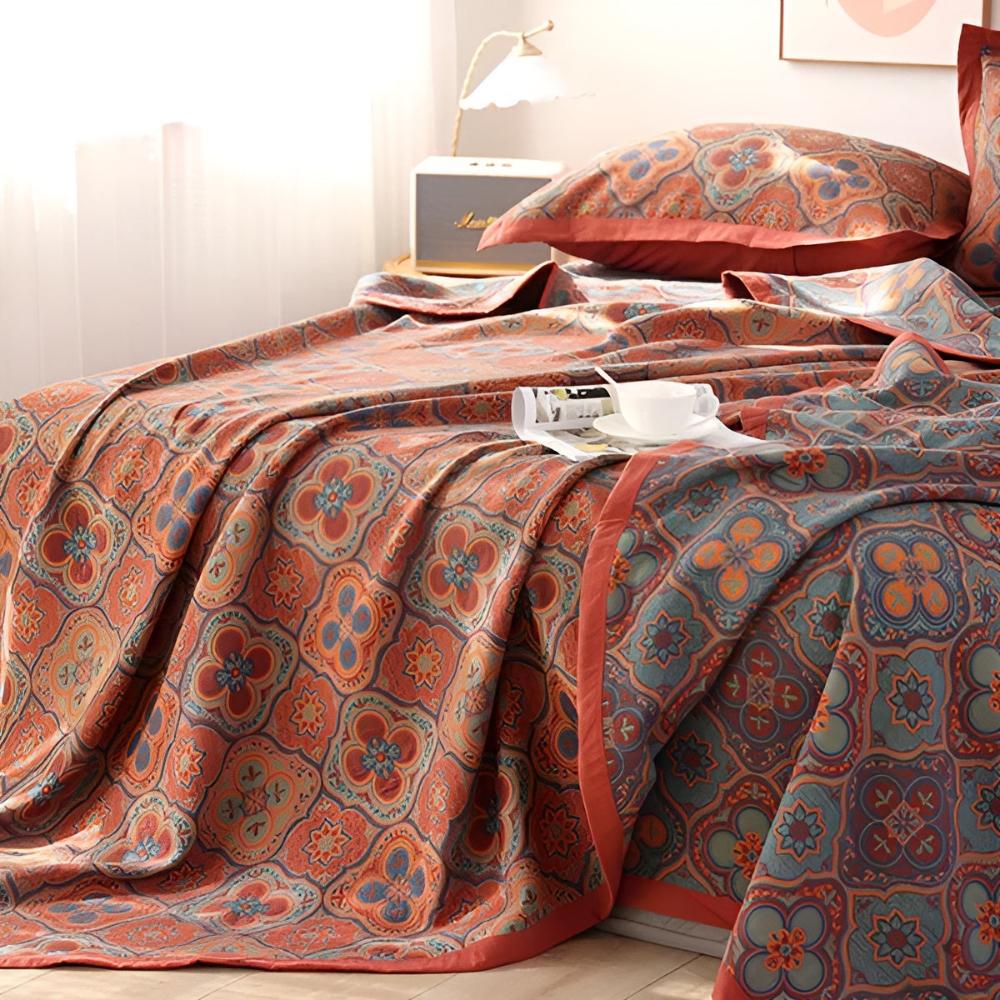 Floral embroidery cotton reversible bedspread