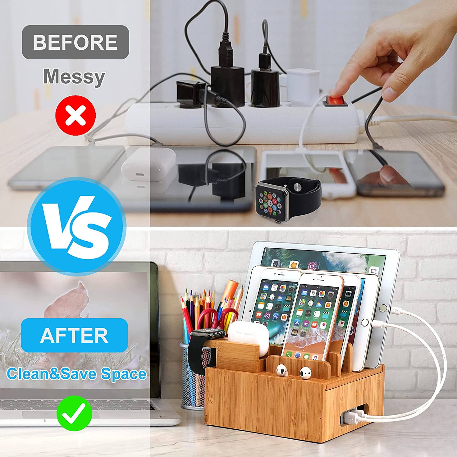 Tekavo ChargeDock Lade Station aus Bambus | 5-Port USB & Organizer | Für Smartphone, Tablet & Smartwatch | Inklusive Kabelset