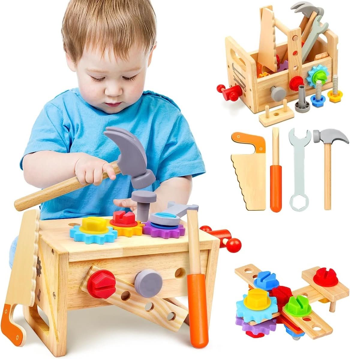 WoodCraft Kinder Werkzeugkasten – Holz Werkzeugkasten für kreatives Spielen und motorische Entwicklung ab 6 Monaten