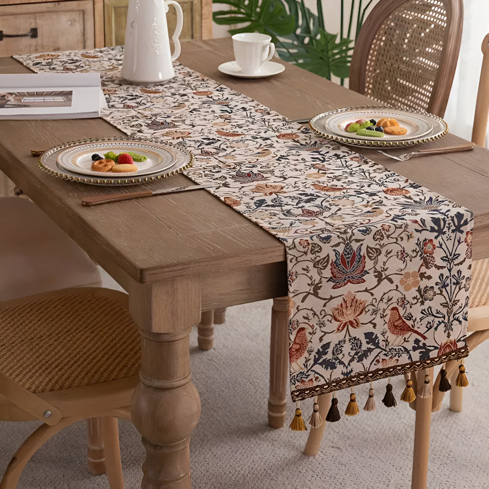 Vintage Blumen- & Vogel-Jacquard Tischläufer