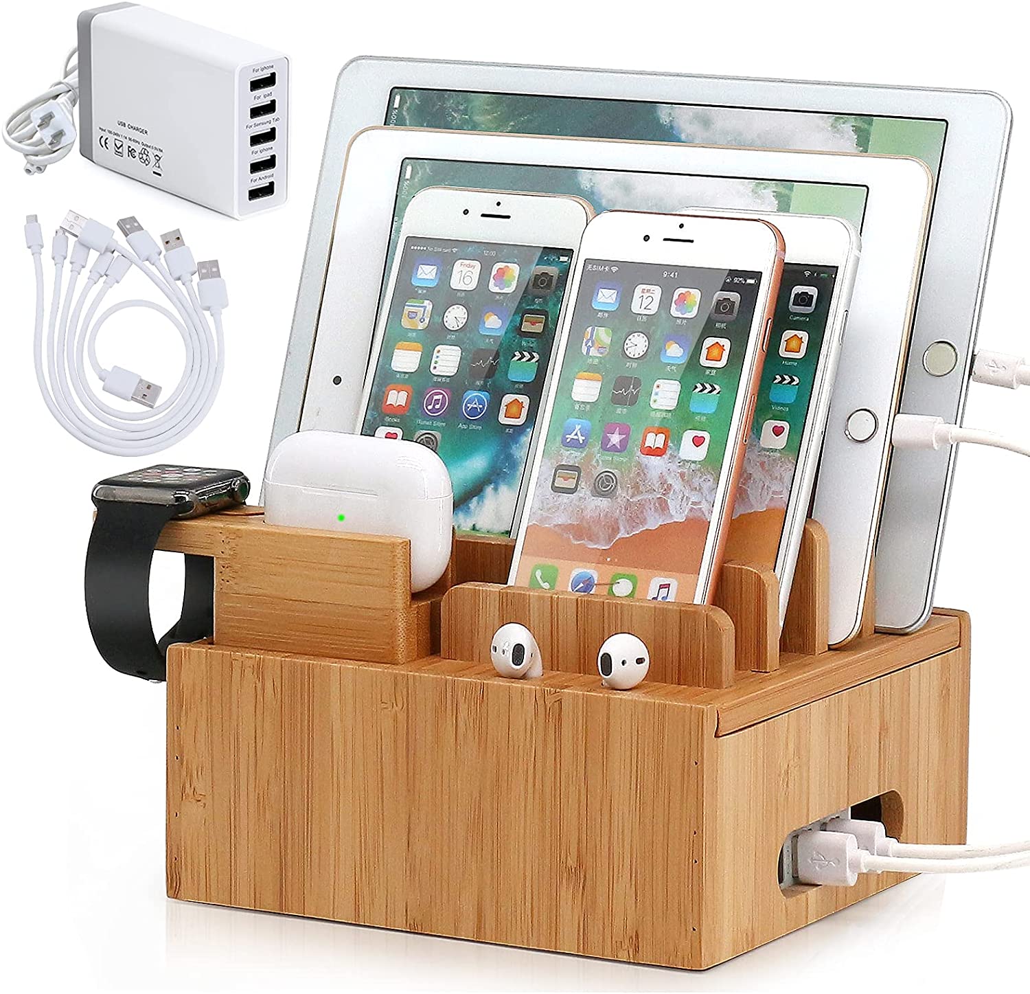 Tekavo ChargeDock Lade Station aus Bambus | 5-Port USB & Organizer | Für Smartphone, Tablet & Smartwatch | Inklusive Kabelset