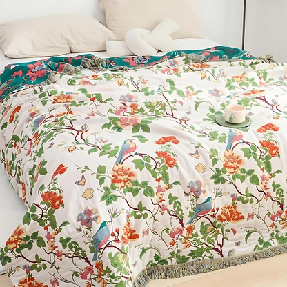 Botanical Bluebird Reversible Cotton Blanket 