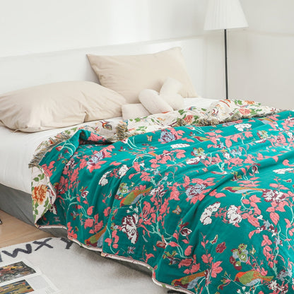 Botanical Bluebird Reversible Cotton Blanket 