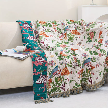 Botanical Bluebird Reversible Cotton Blanket 
