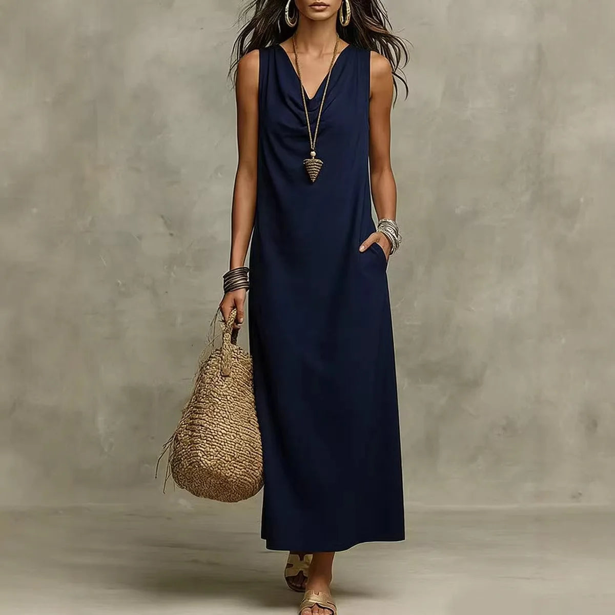 Dawson | Damen Leinen Ärmelloses V-Ausschnitt Maxikleid