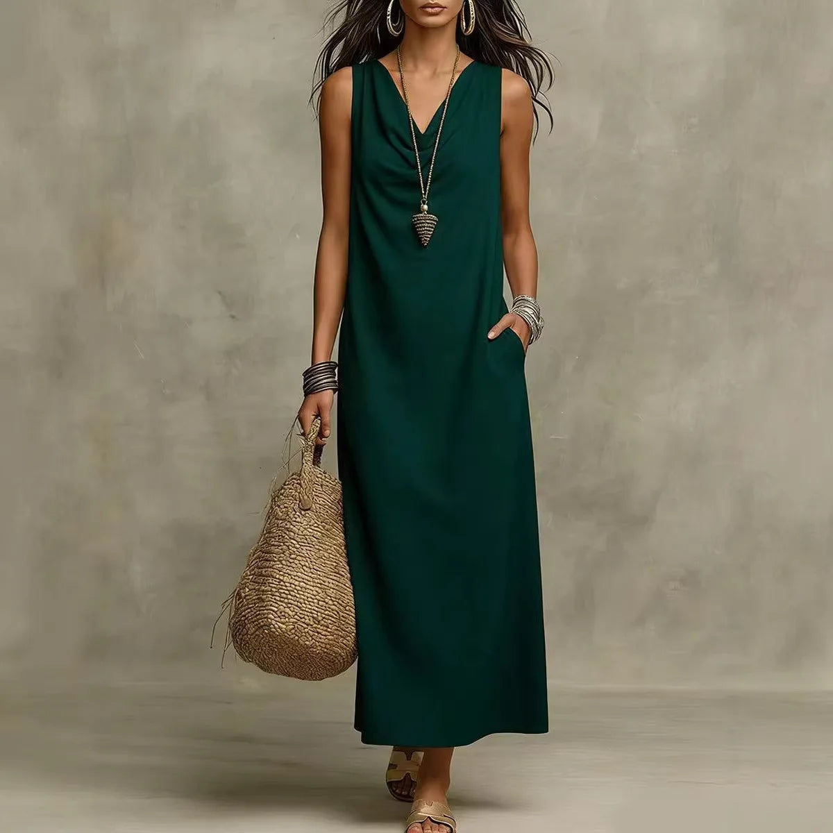 Dawson | Damen Leinen Ärmelloses V-Ausschnitt Maxikleid
