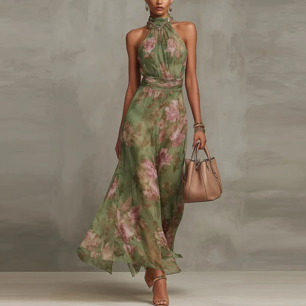Natalie | Damen Floral Halter Neck Maxikleid Hochzeitsgast