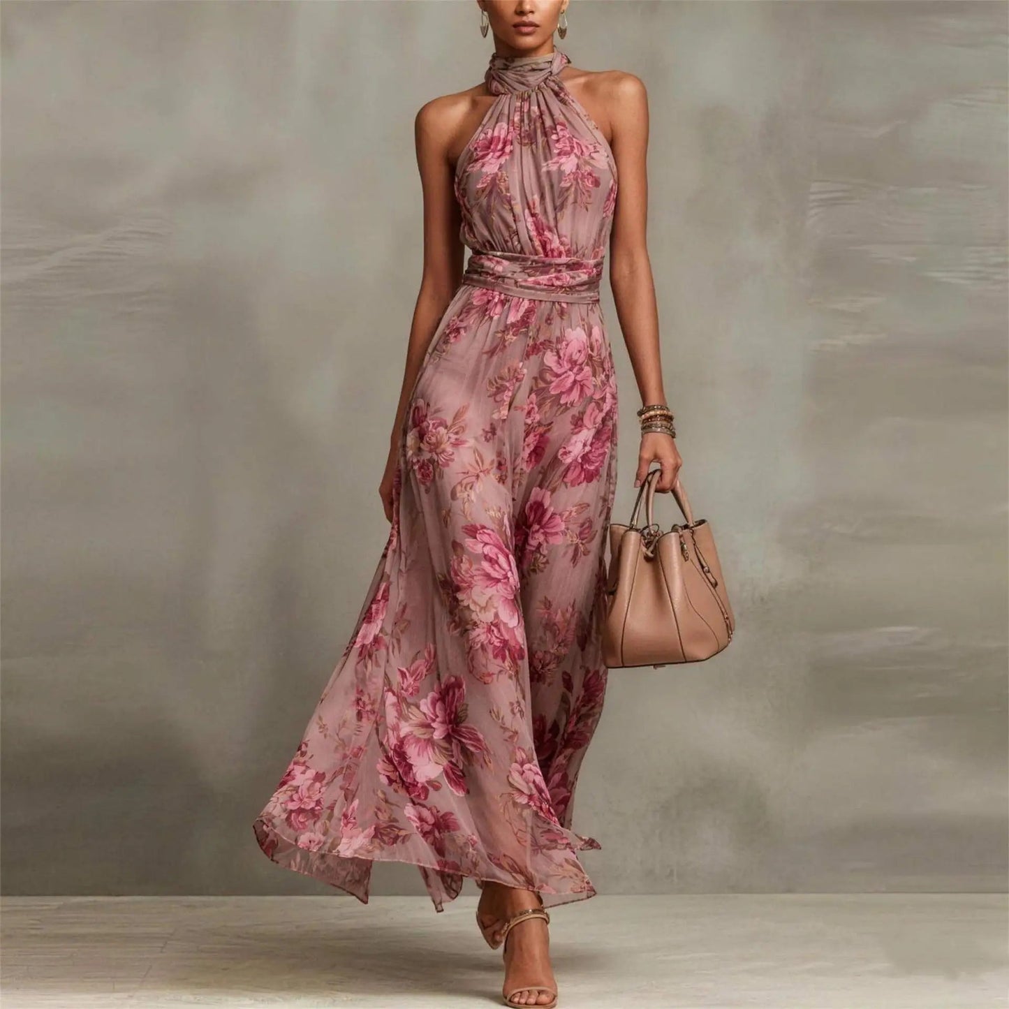Natalie | Damen Floral Halter Neck Maxikleid Hochzeitsgast