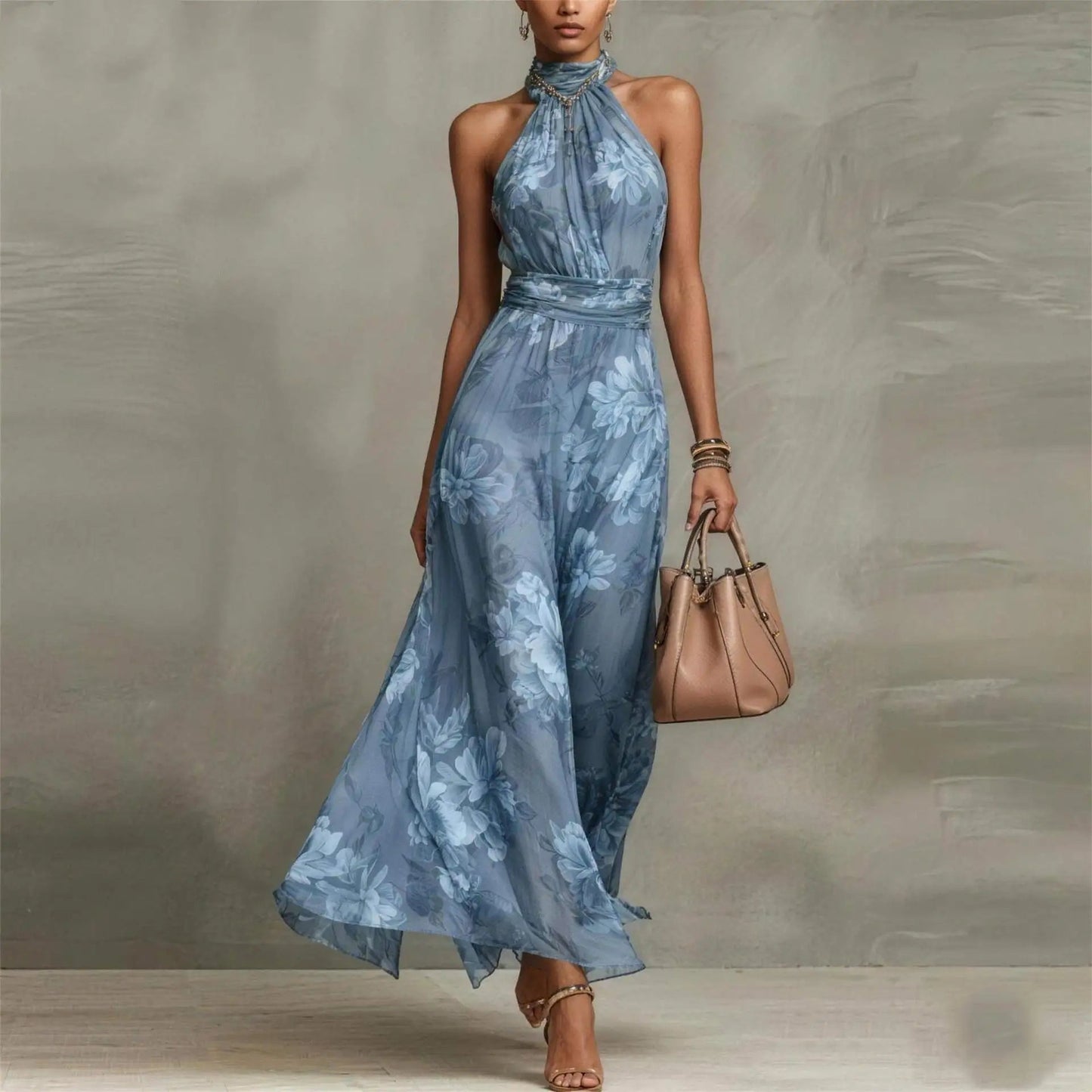 Natalie | Damen Floral Halter Neck Maxikleid Hochzeitsgast