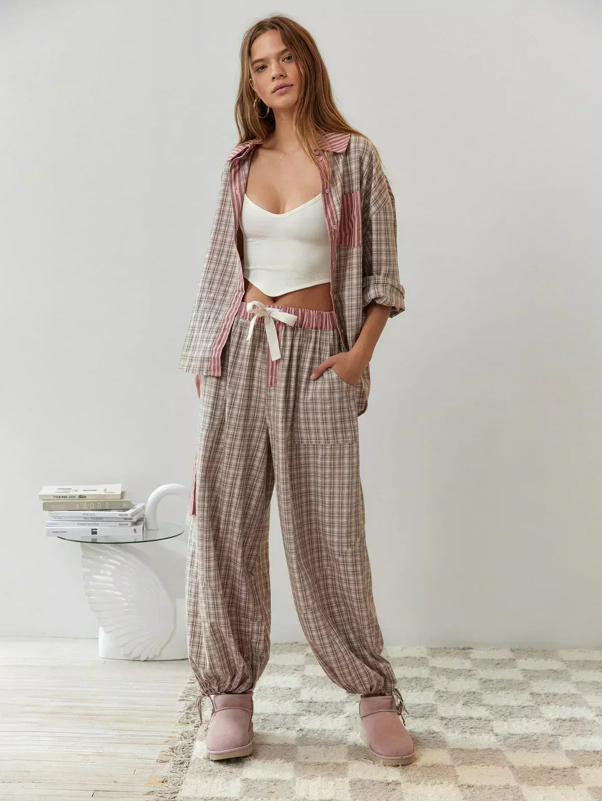 Damen 2-teiliger Pyjama-Set mit langärmligem Knopfhemd und Hose