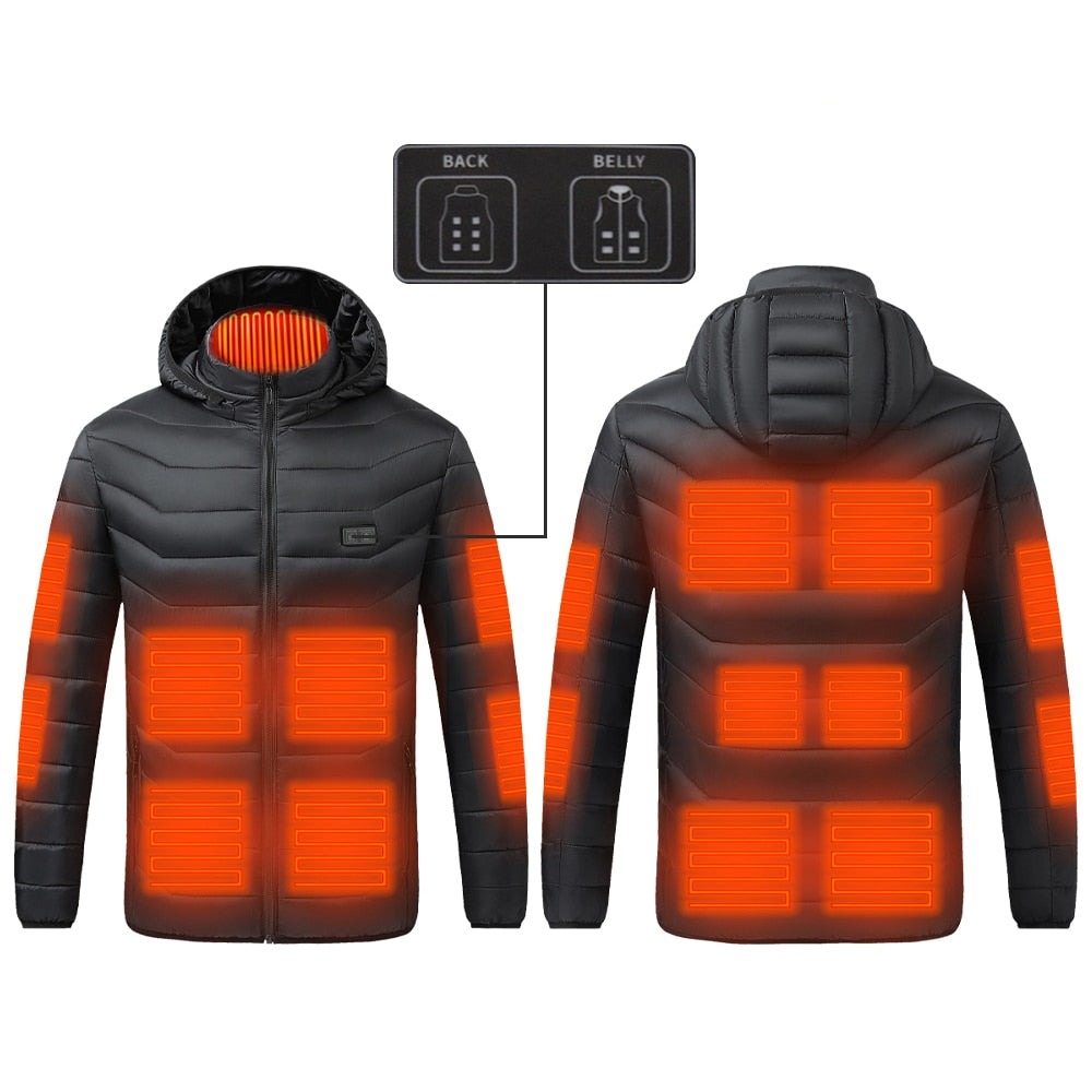 Schwarze USB Heizjacke mit Kapuze, 9-21 beheizbare Bereiche