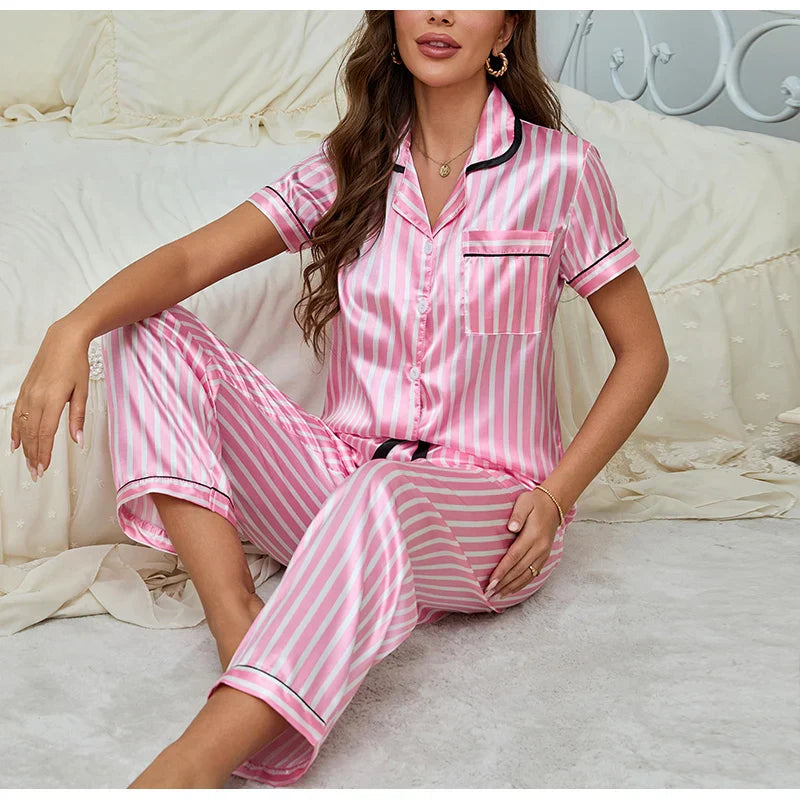 Damen Pink 2-teiliger Pyjama-Set mit gestreiftem Hemd und Hose